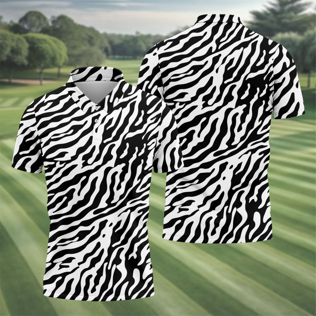 Zebra Print Golf Shirt, Black White Animal Pattern Men's Golf Polo, Polo Shirts For Men