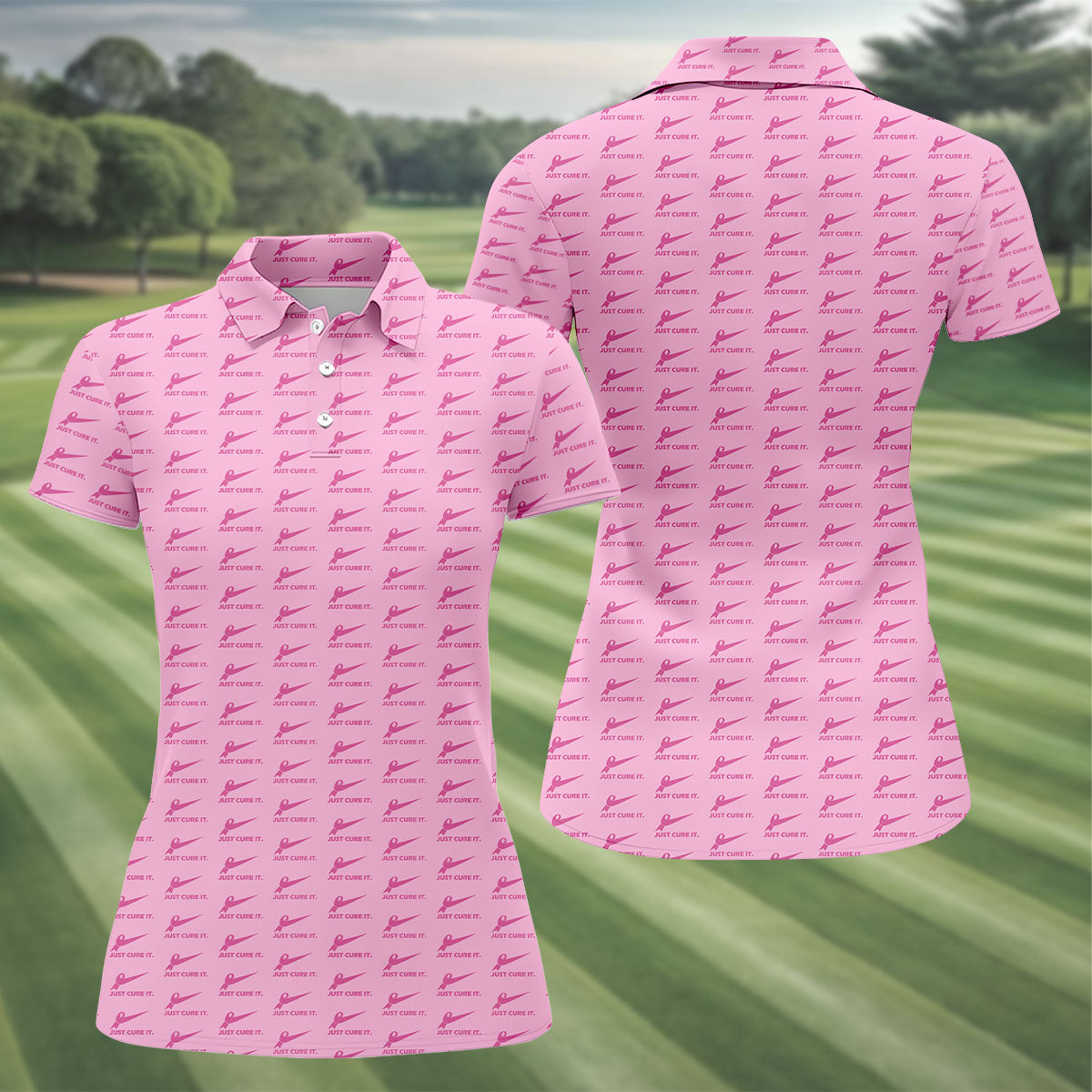 Just Cure It Pink Ribbon Breast Cancer Golf Shirt, Women’s Golf Polo, Ladies Golf Top