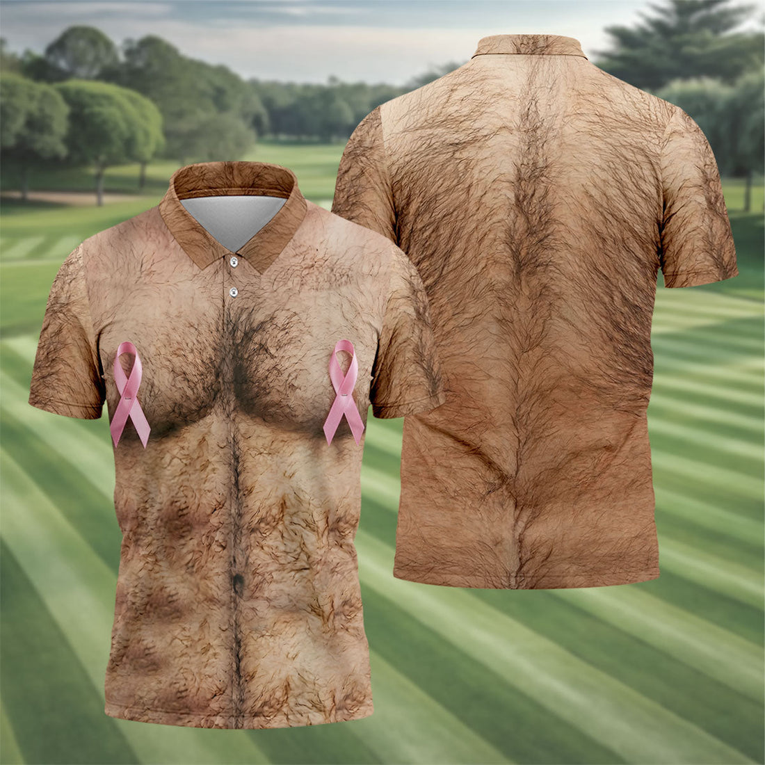 Pink Ribbon Hairy Chest Breast Cancer Golf Shirt, Mens Golf Polo, Golf Apparel For Men