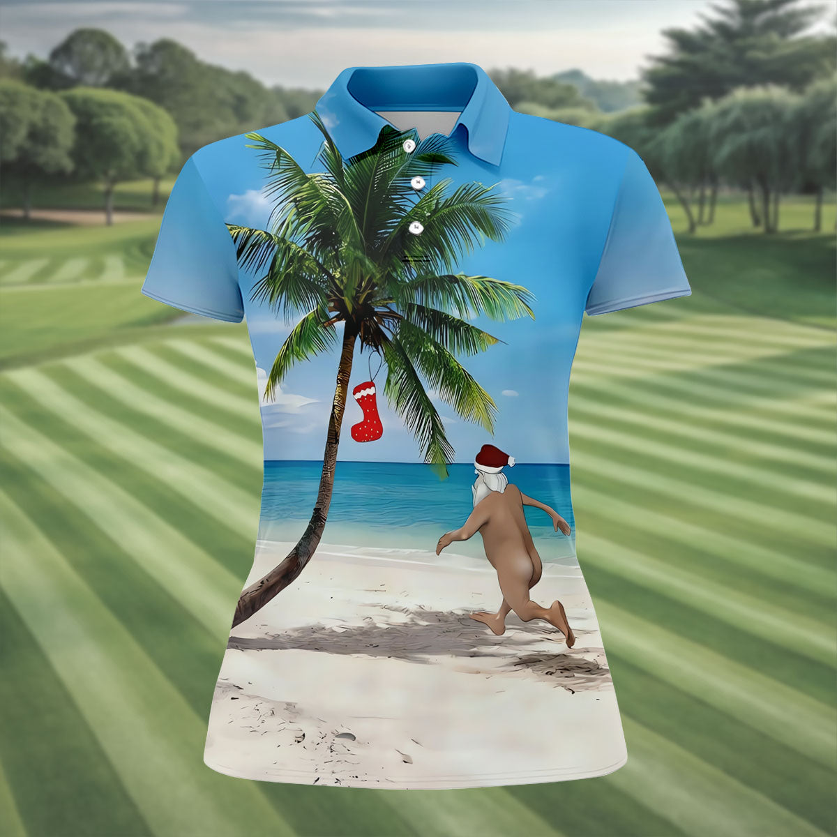 Funny Santa Running On Tropical Beach Christmas Golf Shirt, Women's Golf Tops, Golf Shirts For Women