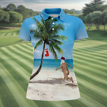 Funny Santa Running On Tropical Beach Christmas Golf Shirt, Women's Golf Tops, Golf Shirts For Women