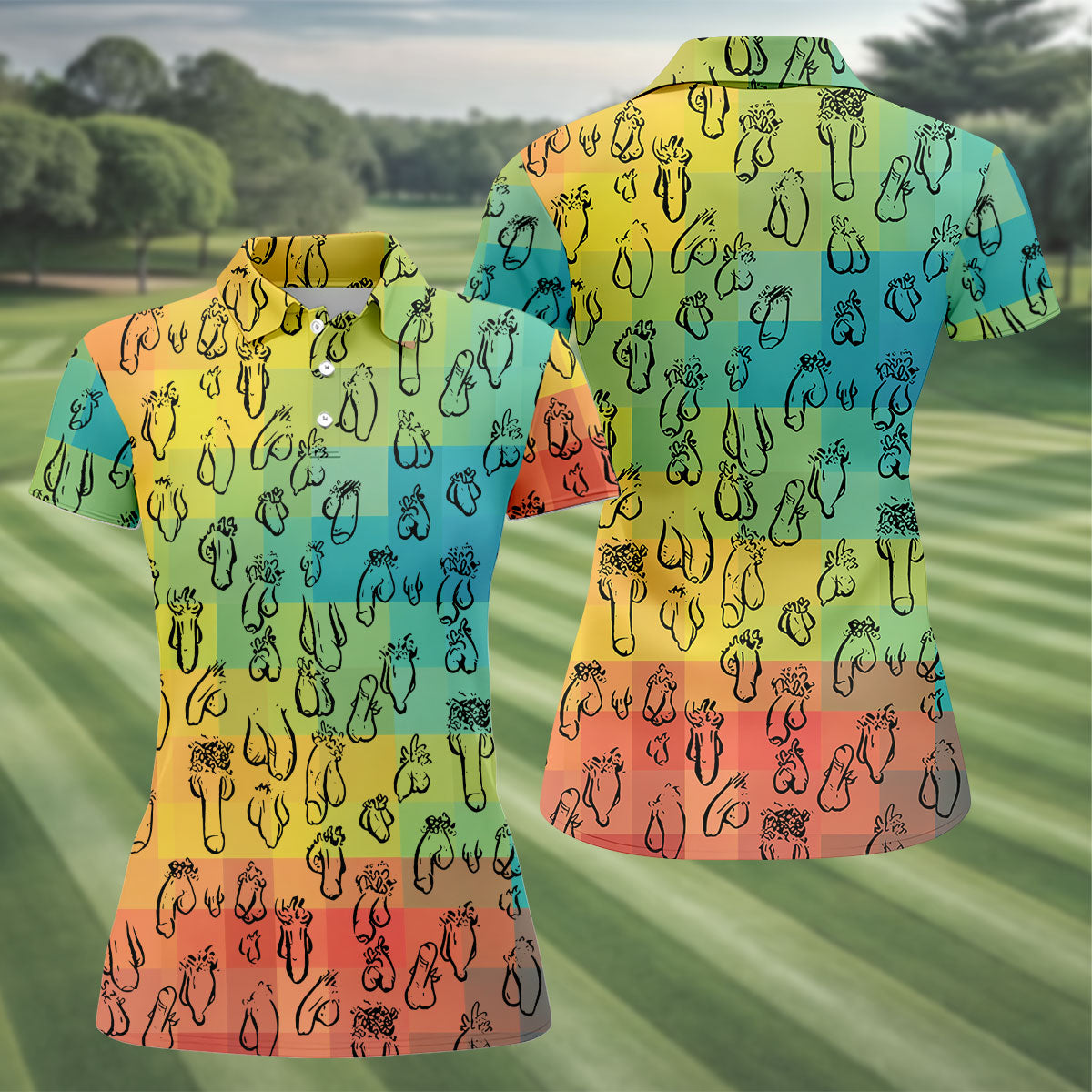 Funny Penis Doodle Color Block Golf Polo Shirt, Women's Golf Polo, Printed Golf Shirt