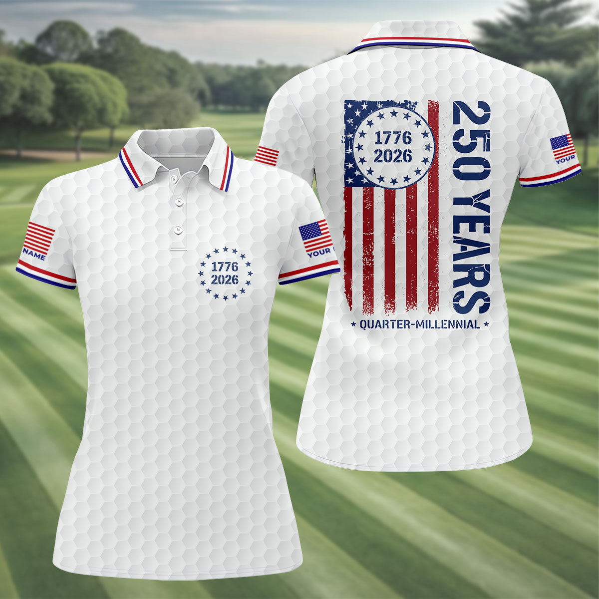250 Years Quarter Millennnial Golf Ball Pattern White Patriotic Golf Shirt, 4th Of July Golf Shirt For Women