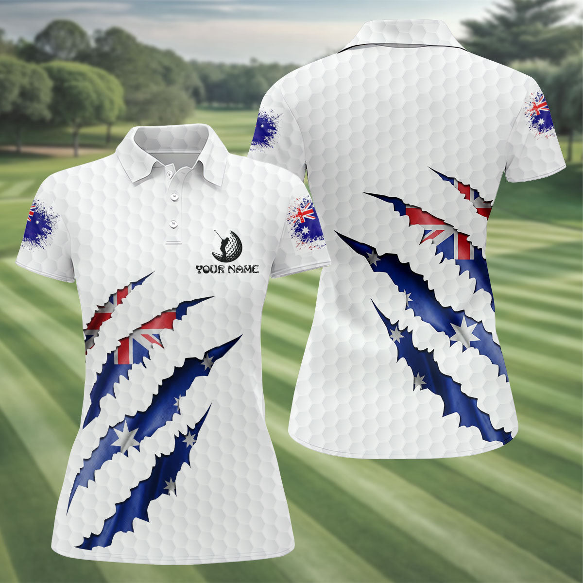 Golf Ball Pattern Australia Flag Print Scratch Effect Ladies Golf Tops, Golf Shirt For Women