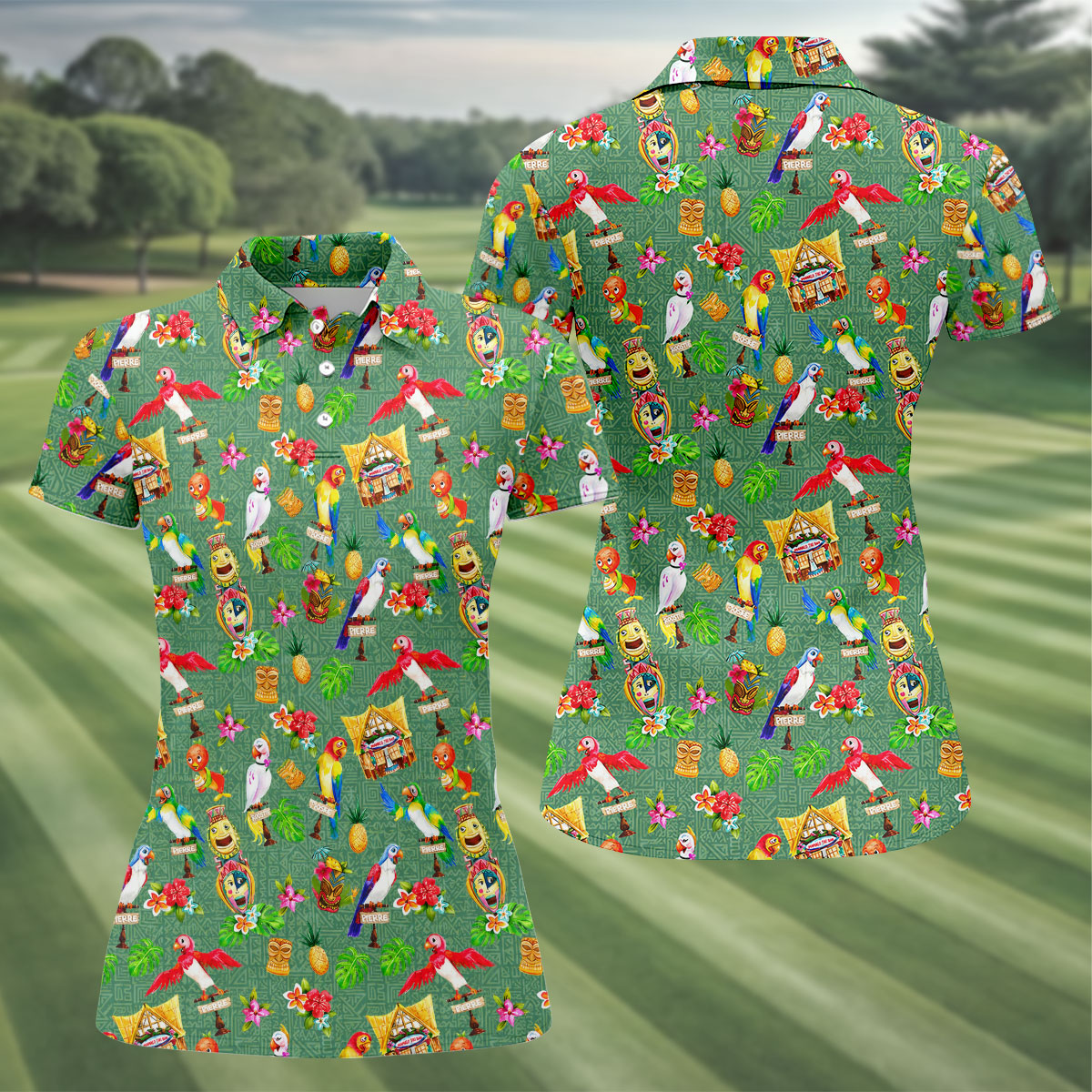 Tropical Tiki Parrot Island Hawaiian Golf Polo Shirt, Women's Golf Polo, Performance Golf Shirt