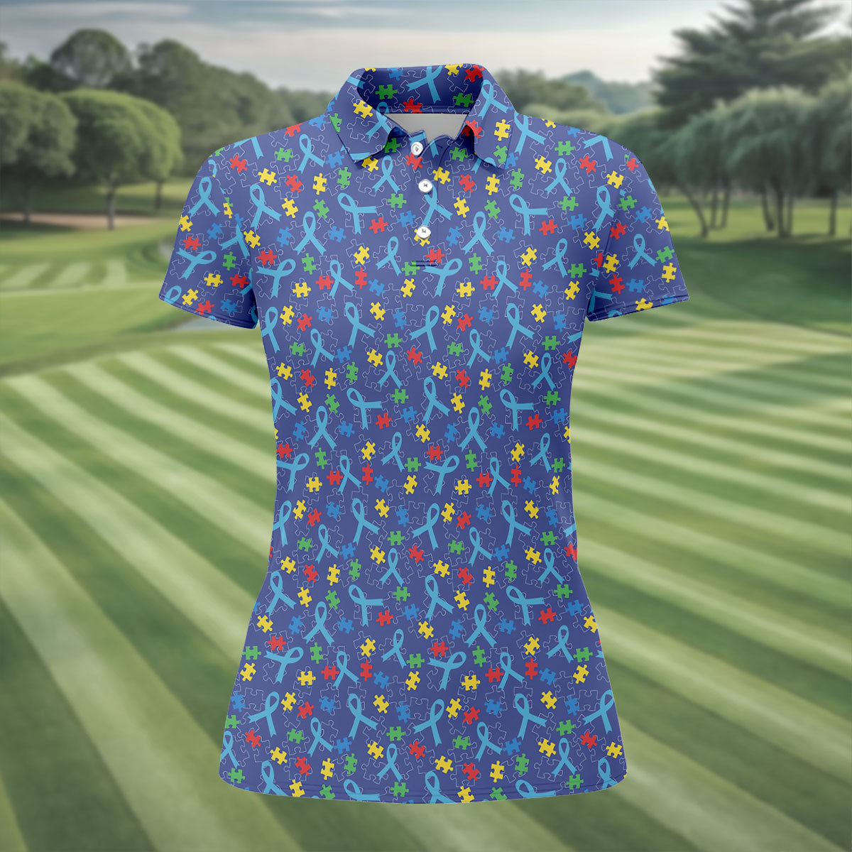 Autism Puzzle Ribbon Pattern Women's Golf Tops, Autism Awareness Color Ladies Golf Polos