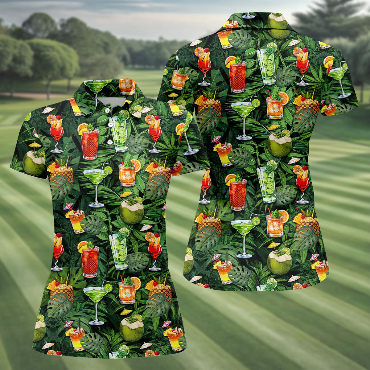 Tropical Cocktail Coconut And Palm Leaf Golf Polo, Hawaiian Golf Shirt, Golf Polo For Women