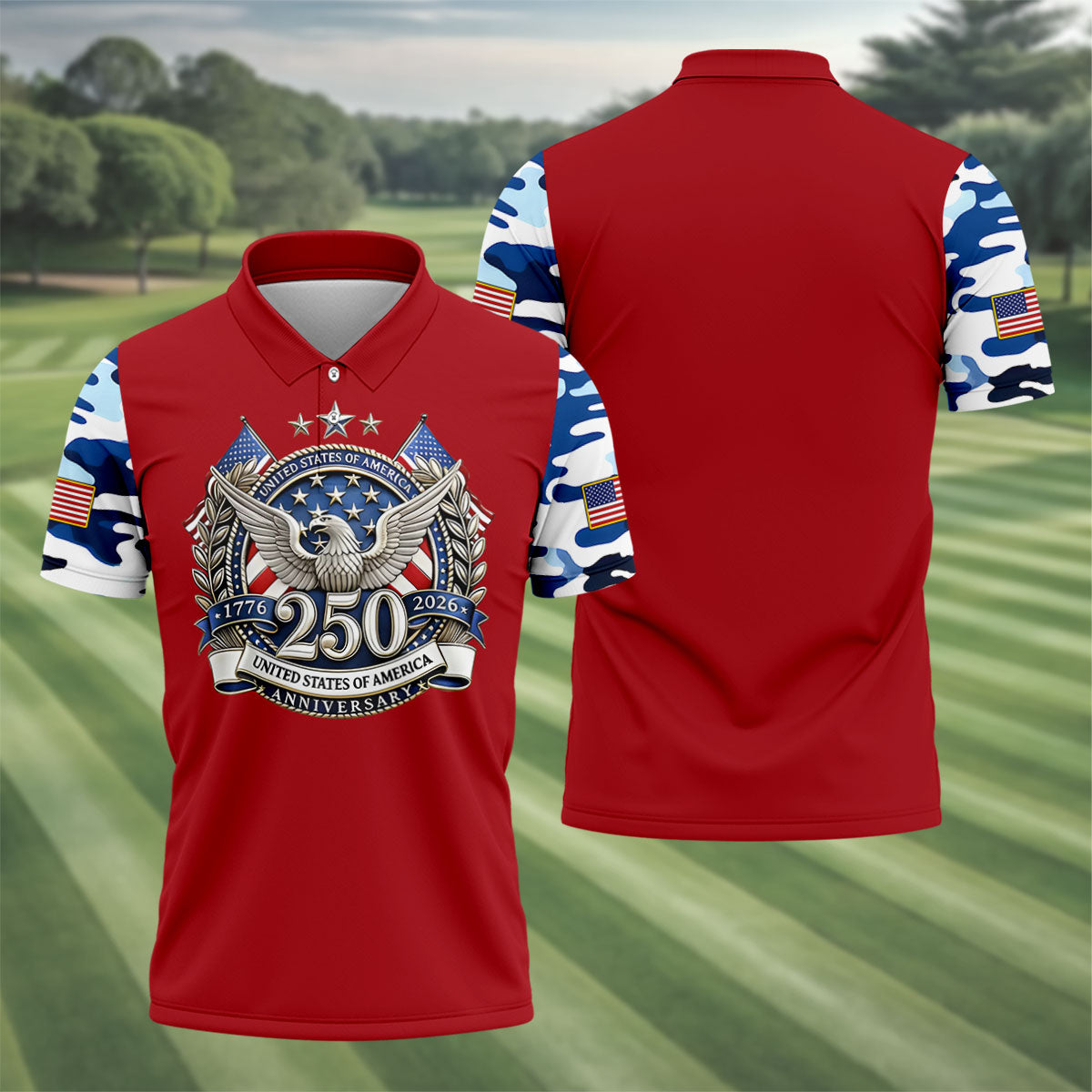 Patriotic Bald Eagle Blue And White Camo Red Golf Shirt, 250th Anniversary Golf Shirts For Men