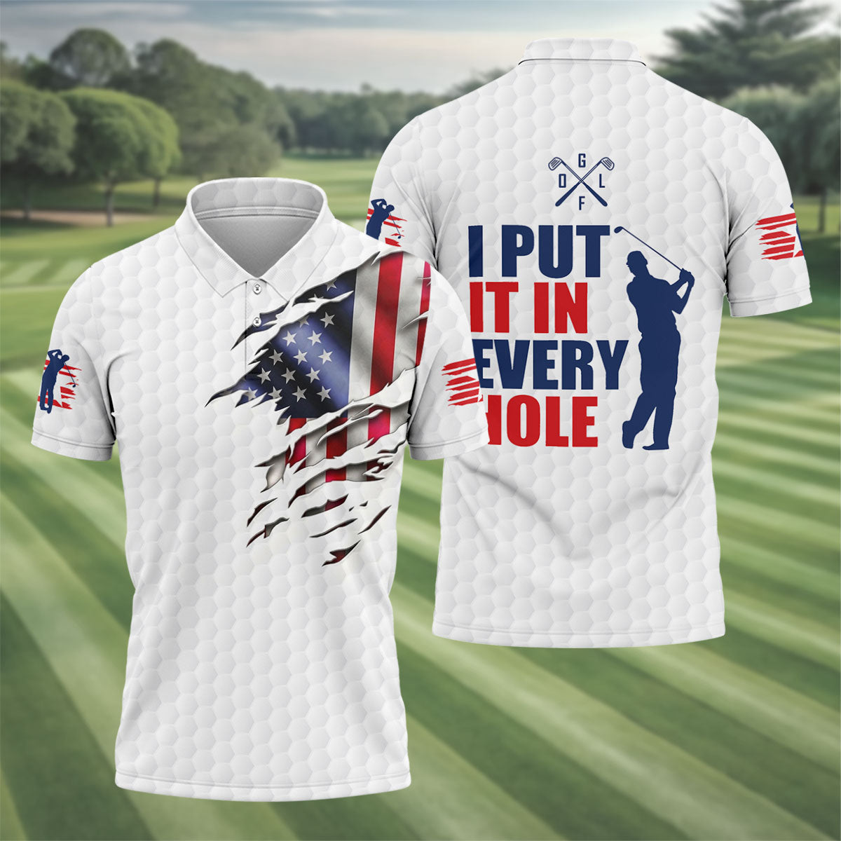 I Put It In Every Hole Ripped American Flag 250 Patriotic Golf Shirt, 4th Of July Golf Shirts For Men