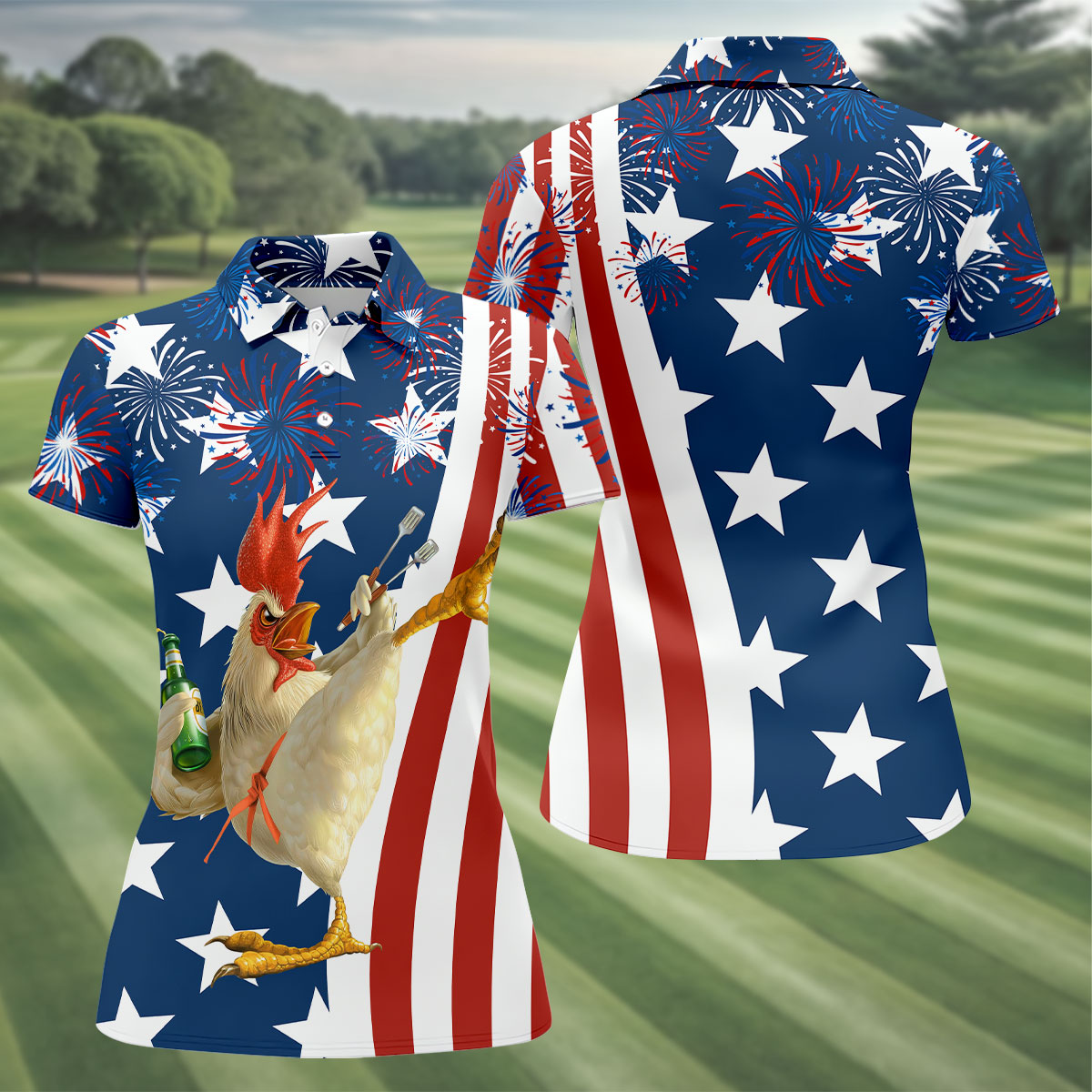 Funny Rooster Red White Blue 4th Of July Golf Shirt, 250 Years Golf Shirt For Women