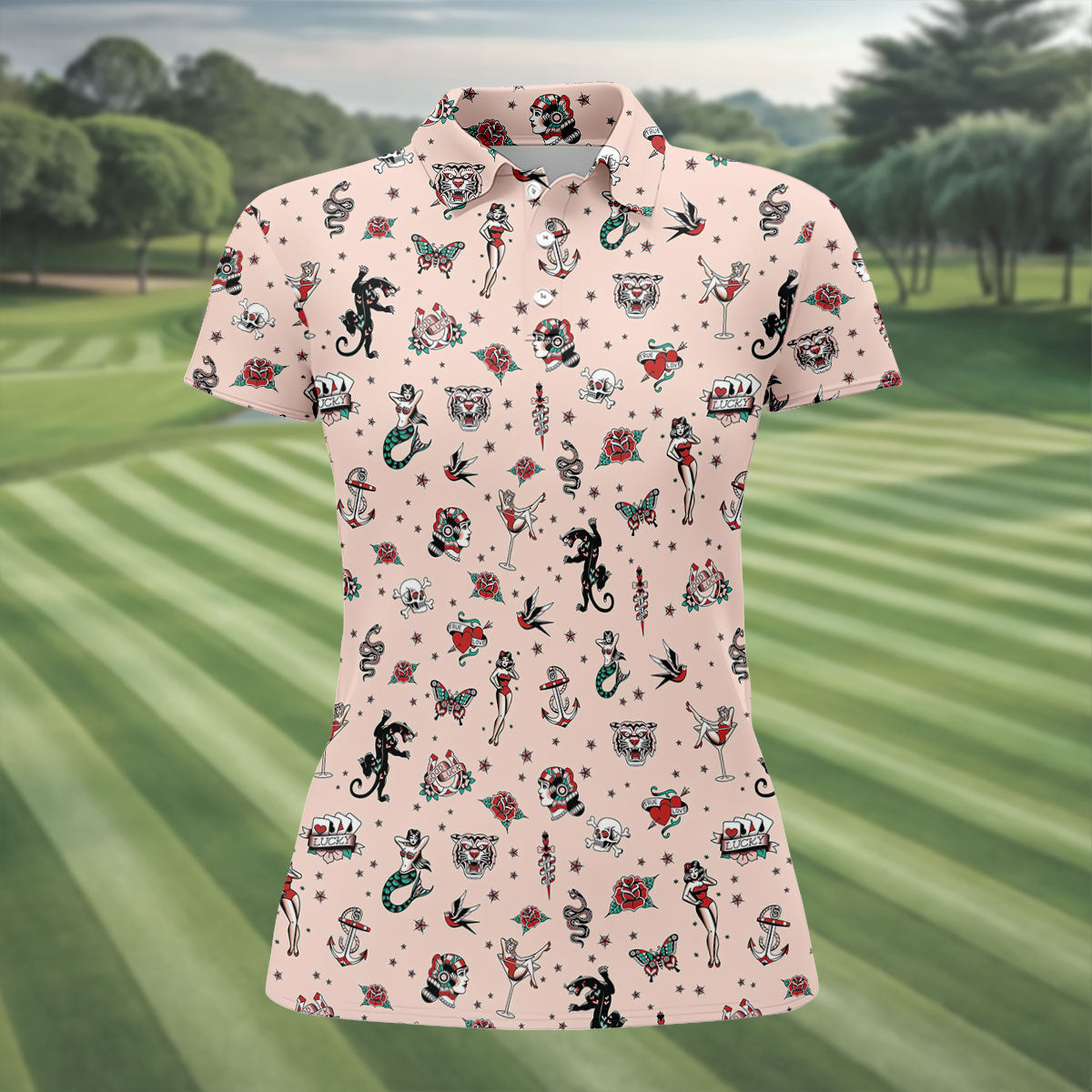 Vintage Tattoo Flash Icon Golf Polo Shirt, Golf Shirts For Women, Women's Golf Apparel
