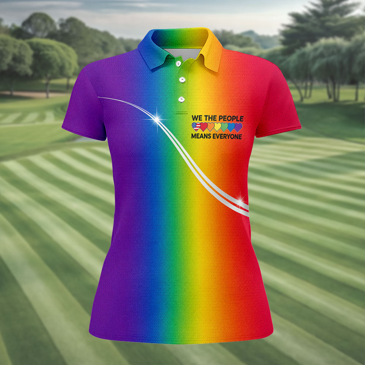 We The People Means Everyone LGBT Rainbow Gradient Ladies Golf Tops, Pride Month Golf Shirt For Women