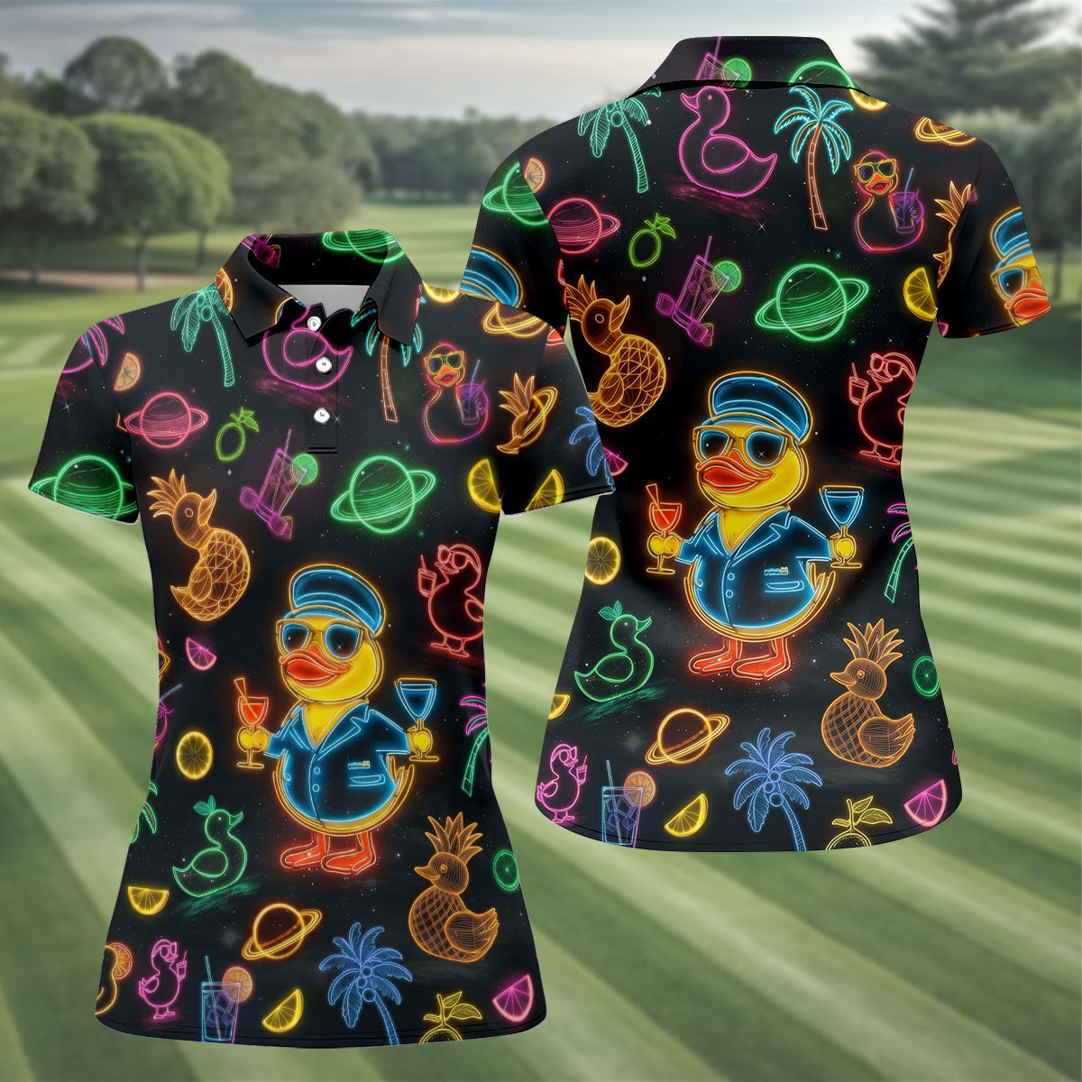 Jet Black Neon Duck Tropical Pattern Golf Shirt, Women's Golf Shirt, Hawaiian Golf Shirt, Golf Polo For Women