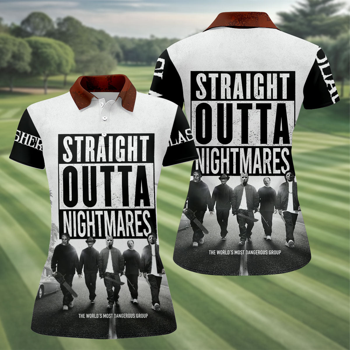 Straight Outta Nightmares Horror Character Golf Polo Shirt, Womens Golf Polo, Ladies Golf Shirts