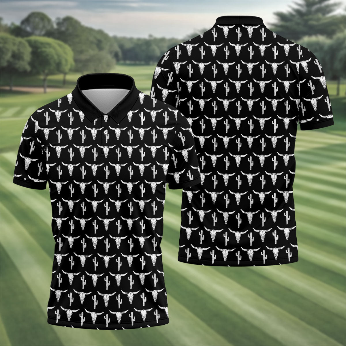 Longhorn Cow Skull Western Theme Black Golf Tops For Men, Polo Shirts For Men, Golf Shirts For Men