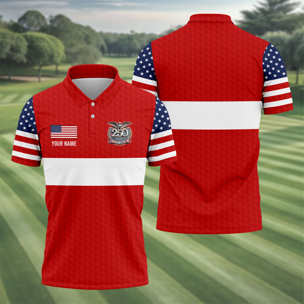 250 Years Red White Blue Stars And Stripes Golf Shirt, Patriotic 4th Of July Golf Shirts For Men