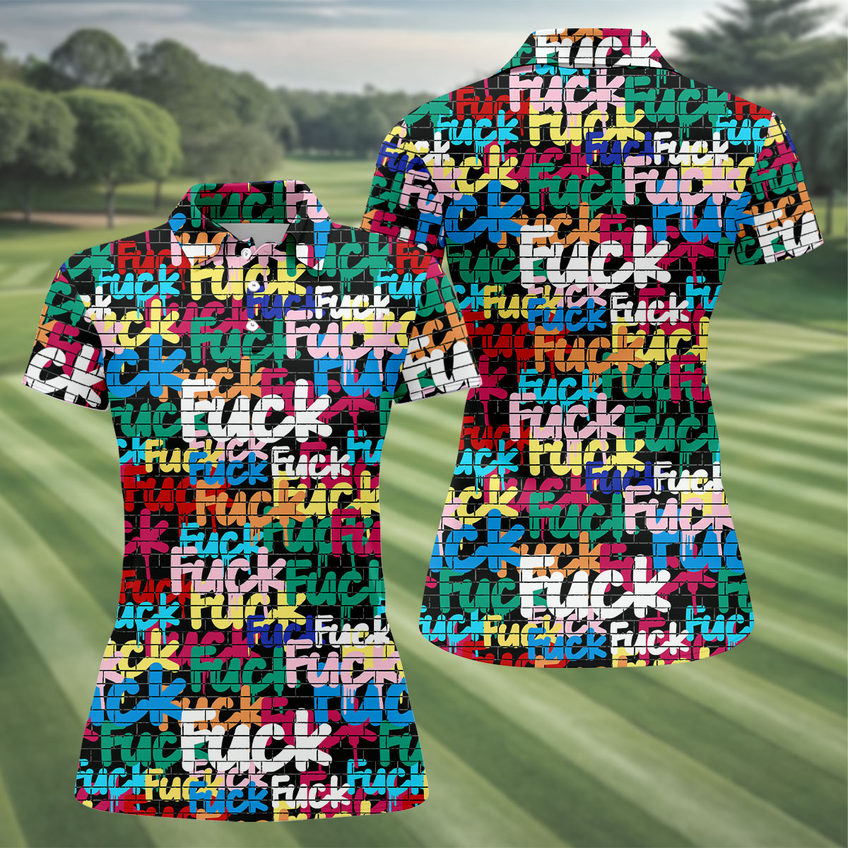 Bold Colorful Fuck Graffiti Typography Golf Shirt, Women's Golf Tops, Golf Shirts For Women