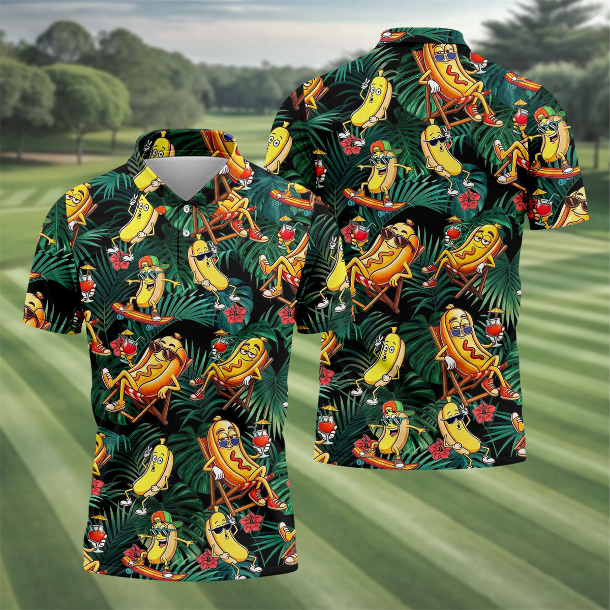 Funny Hot Dog Banana Tropical Hawaiian Golf Shirt, Mens Golf Polo, Printed Golf Shirts