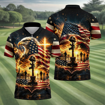 Eagle Cross Soldier Memorial Golf Polo Shirt, Veterans Day Shirt, Mens Golf Shirts
