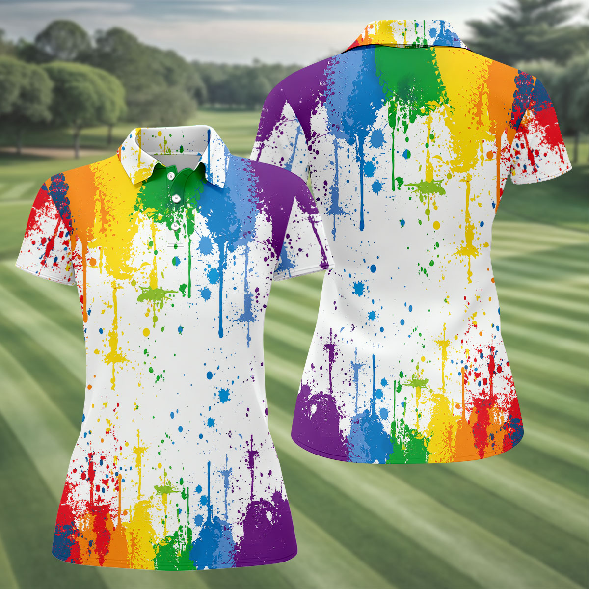 Rainbow Paint Splatter LGBT Support Ladies Golf Tops, Pride Month Golf Shirt For Women