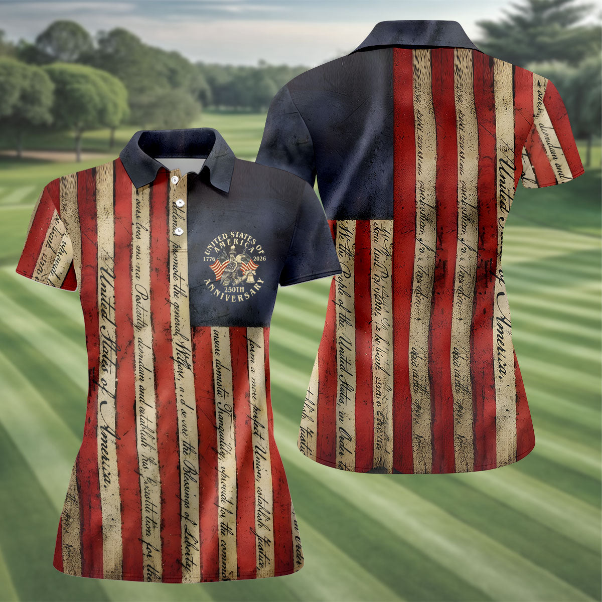 USA 250th Anniversary Distressed Flag Patriotic Golf Shirt, 4th Of July Golf Shirt For Women