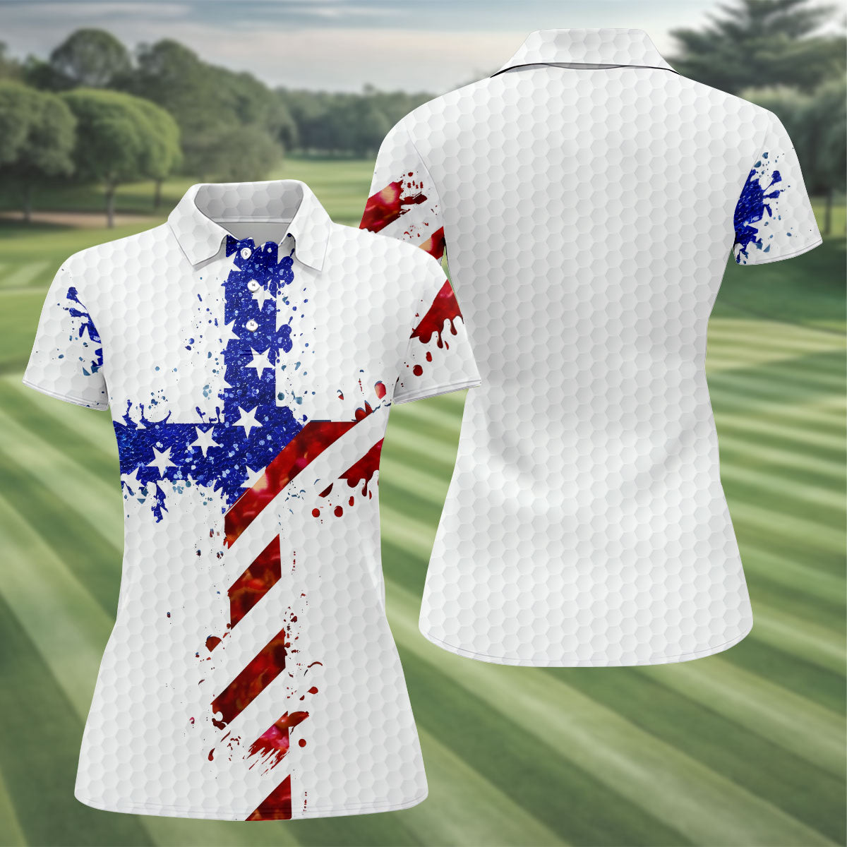 Red White Blue Paint Splash Faith Cross Patriotic Golf Shirt, 250 Years 4th Of July Golf Shirt For Women
