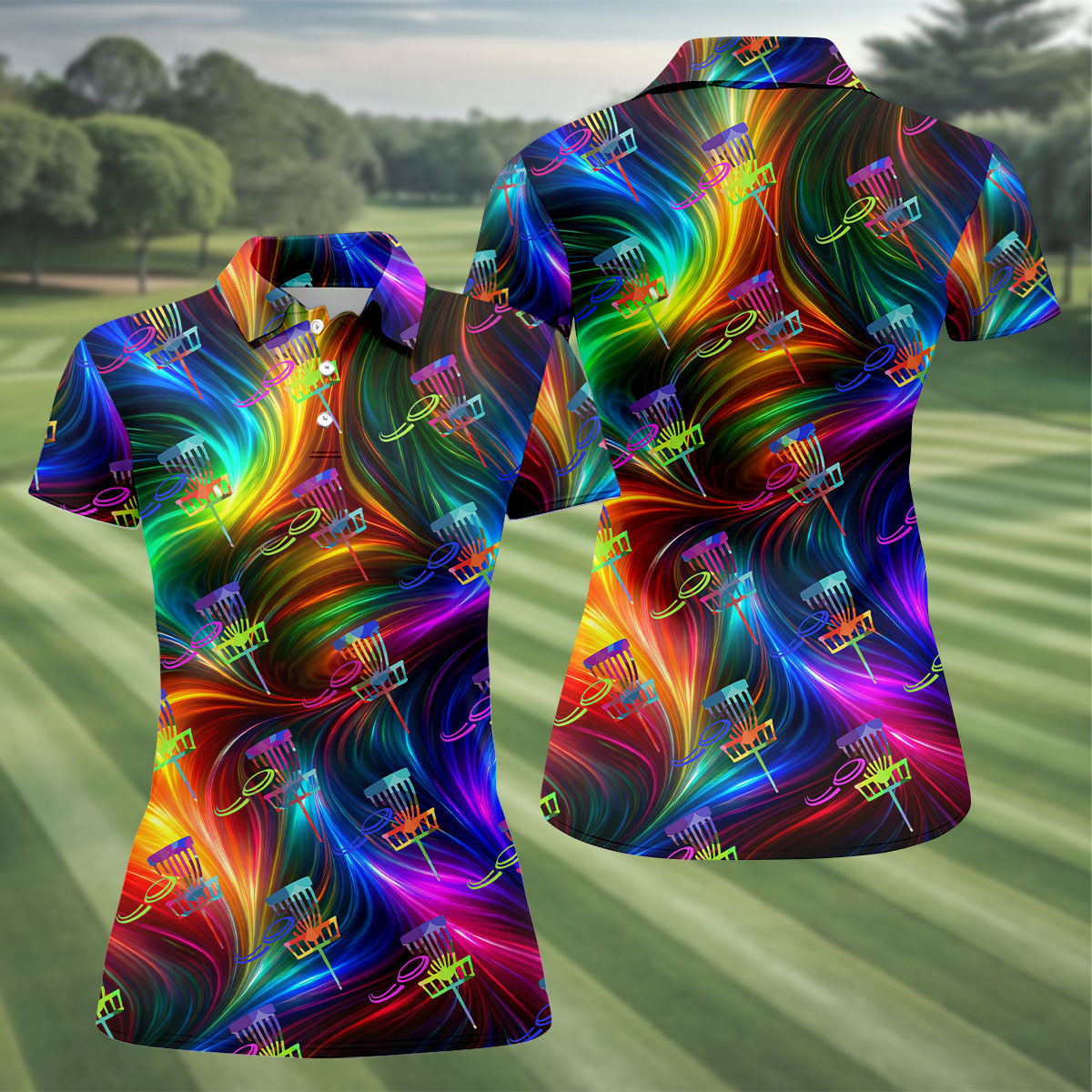 Colorful Disc Golf Basket Swirl Pattern Polo Shirt, Women’s Golf Tops, Hawaiian Golf Shirt, Performance Golf Shirt