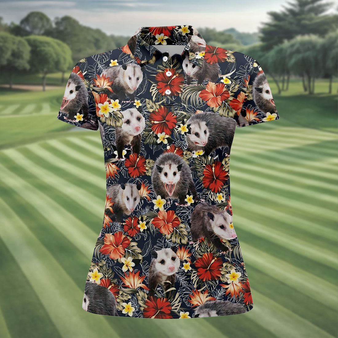 Cute Possums Hibiscus Flowers Golf Polo, Island Foliage Hawaiian Golf Shirt, Golf Tops For Women, Golfing Apparel