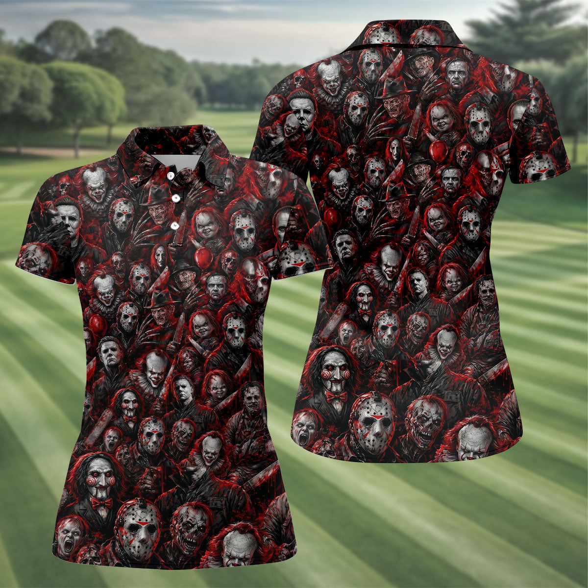 Red Horror Character Clown Collage Golf Polo Shirt, Womens Golf Tops, Ladies Golf Shirts