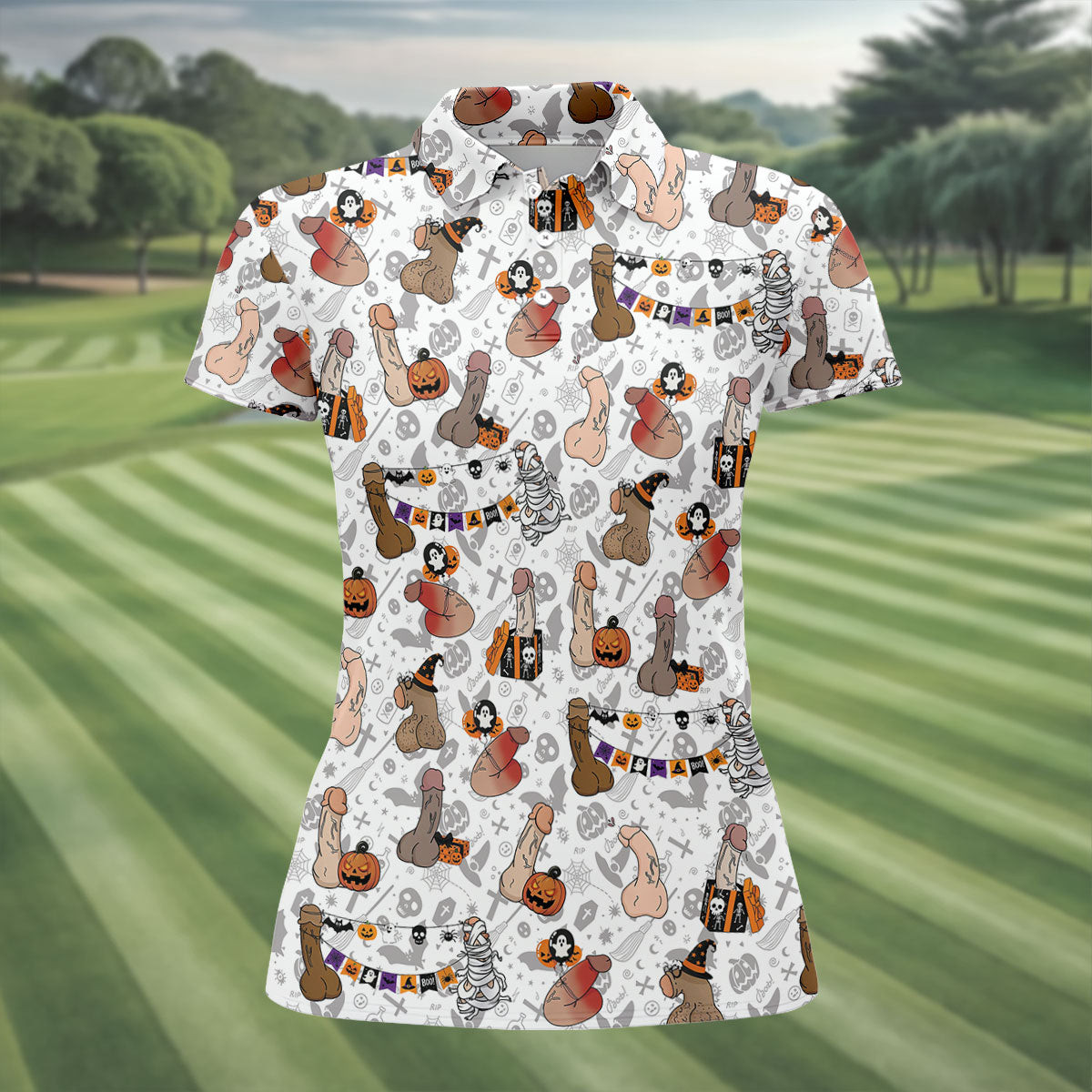 Funny Adult Halloween Pattern Hawaiian Polo Shirt, Women's Golf Tops, Women’s Golf Apparel