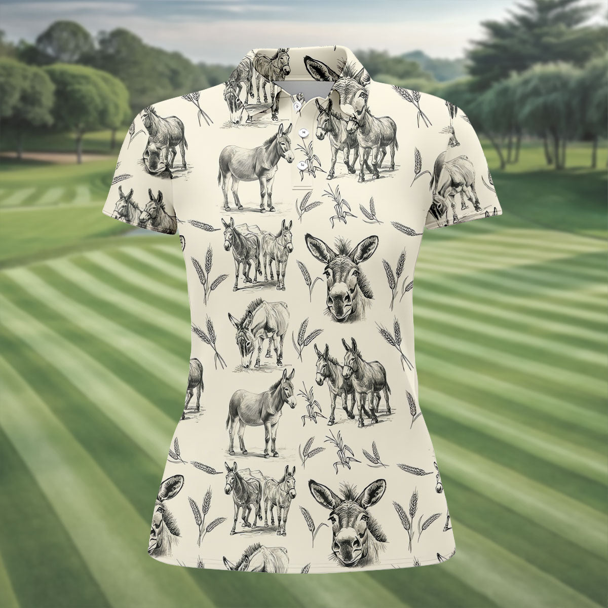 Vintage Donkey Sketch Pattern Hawaiian Golf Polo Shirt, Golf Shirts For Women, Women's Golf Apparel