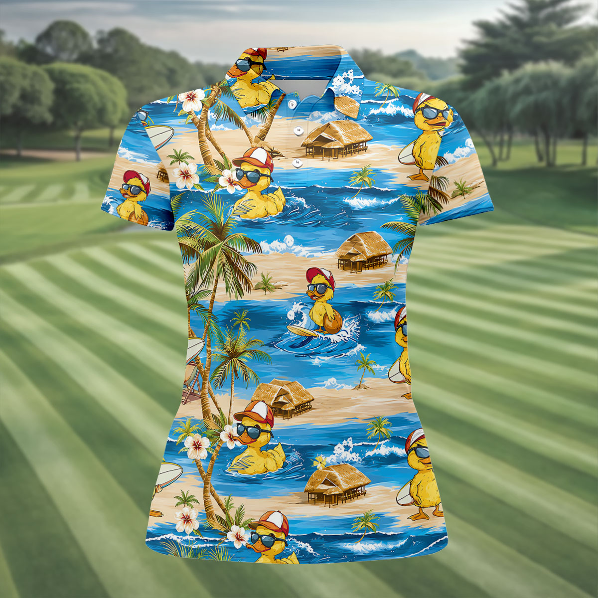 Cool Duck Hawaiian Golf Shirt, Surfing Duck Beach Women's Golf Polo, Polo Shirts For Women