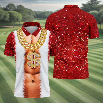 Funny Santa Gold Dollar Chain Golf Polo Shirt, Printed Golf Shirts, Mens Golf Apparel