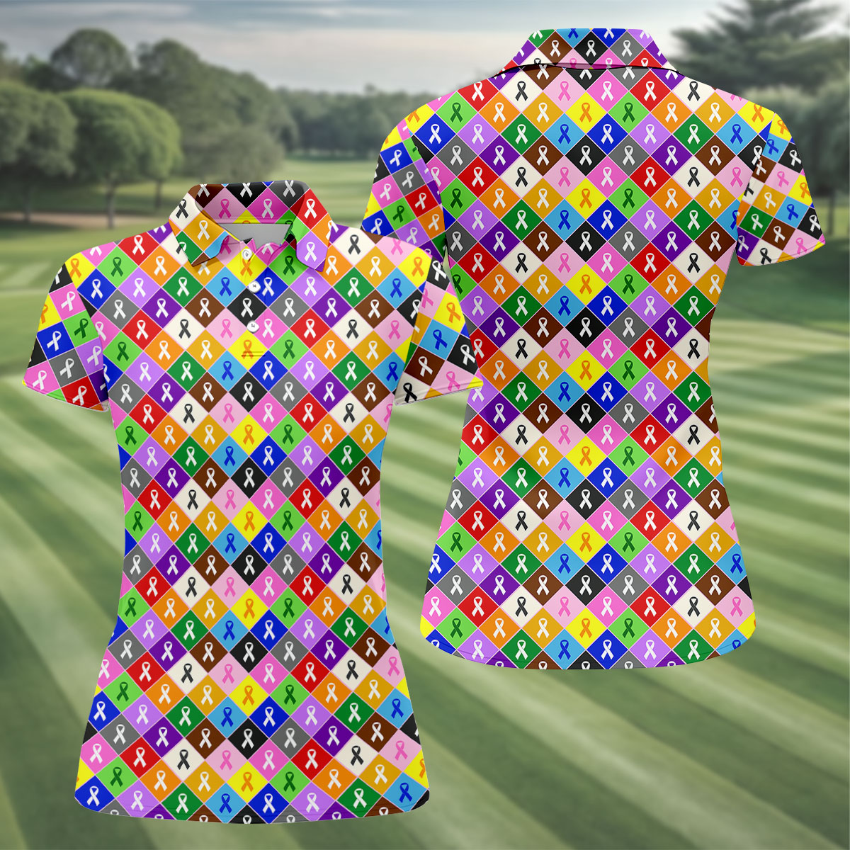 Colorful Awareness Ribbon Breast Cancer Golf Polo, Womens Golf Tops, Ladies Golf Shirts