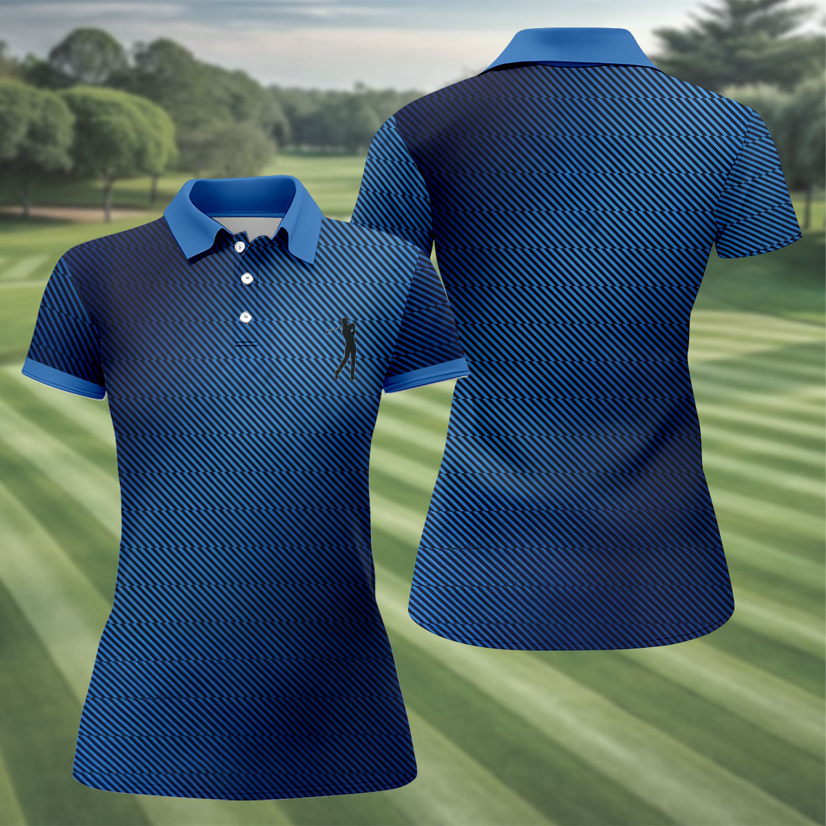 Retro Abstract Gradient Stripe Blue Lines Golf Shirt, Patriotic 4th Of July Golf Shirt For Women