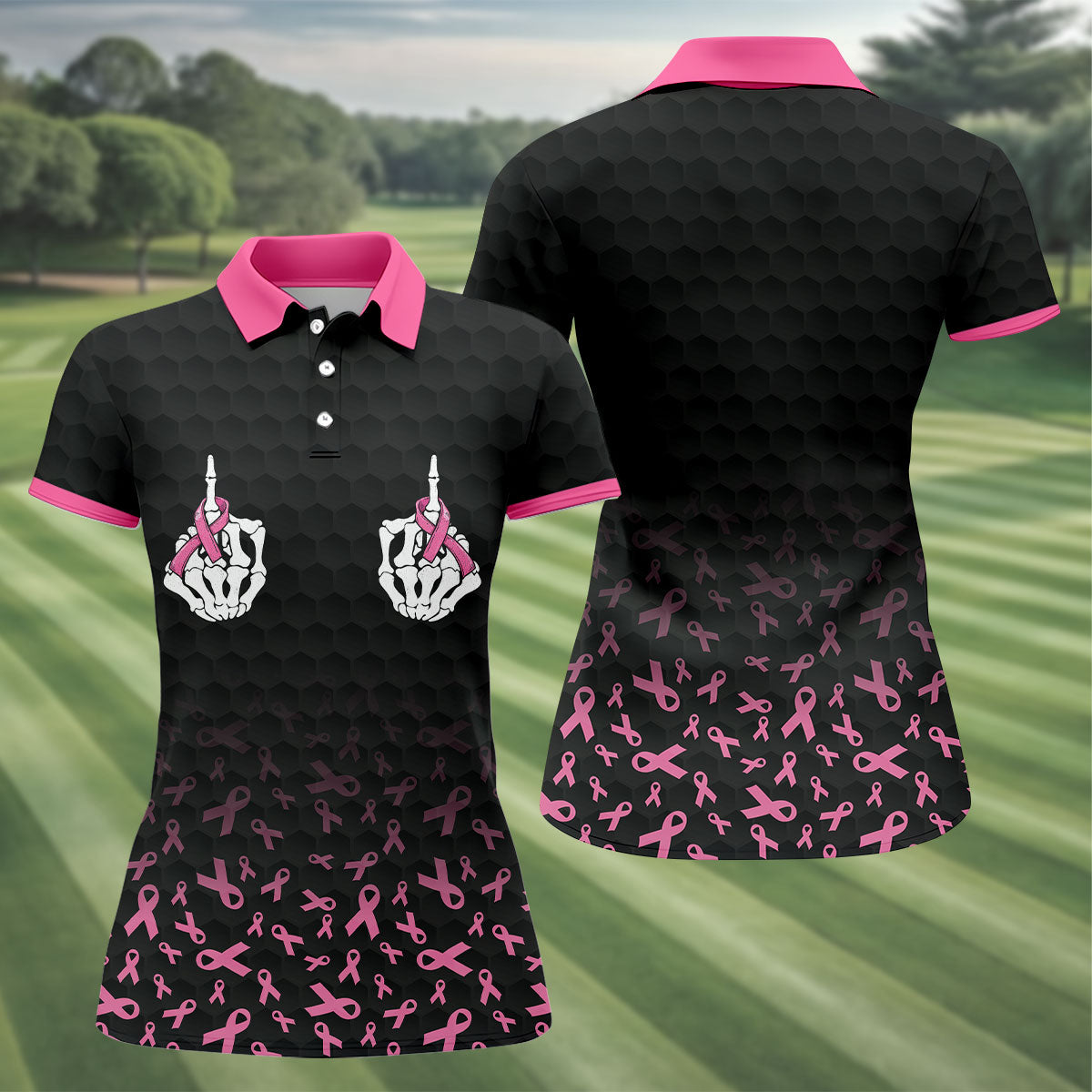 Two Skeleton Middle Fingers Breast Cancer Polo Shirt, Ladies Golf Top, Golf Tops For Women