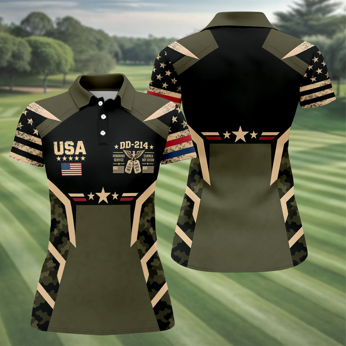 DD-214 USA Stars Camo Golf Polo Shirt, Womens Golf Shirts, Veterans Day Golf Shirt