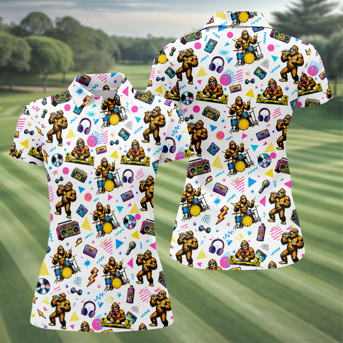 Bigfoot Party Memphis Pattern Retro Golf Shirt, Hawaiian Golf Shirt, Golf Shirt For Women