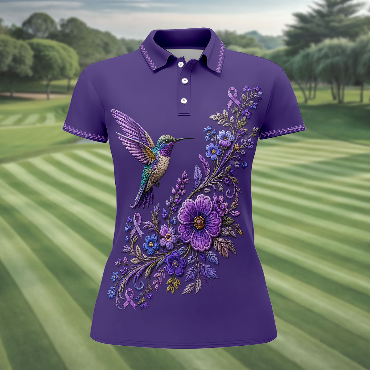 Purple Hummingbird Cancer Awareness Polo Shirt, Womens Sleeveless Golf Shirt, Ladies Golf Top