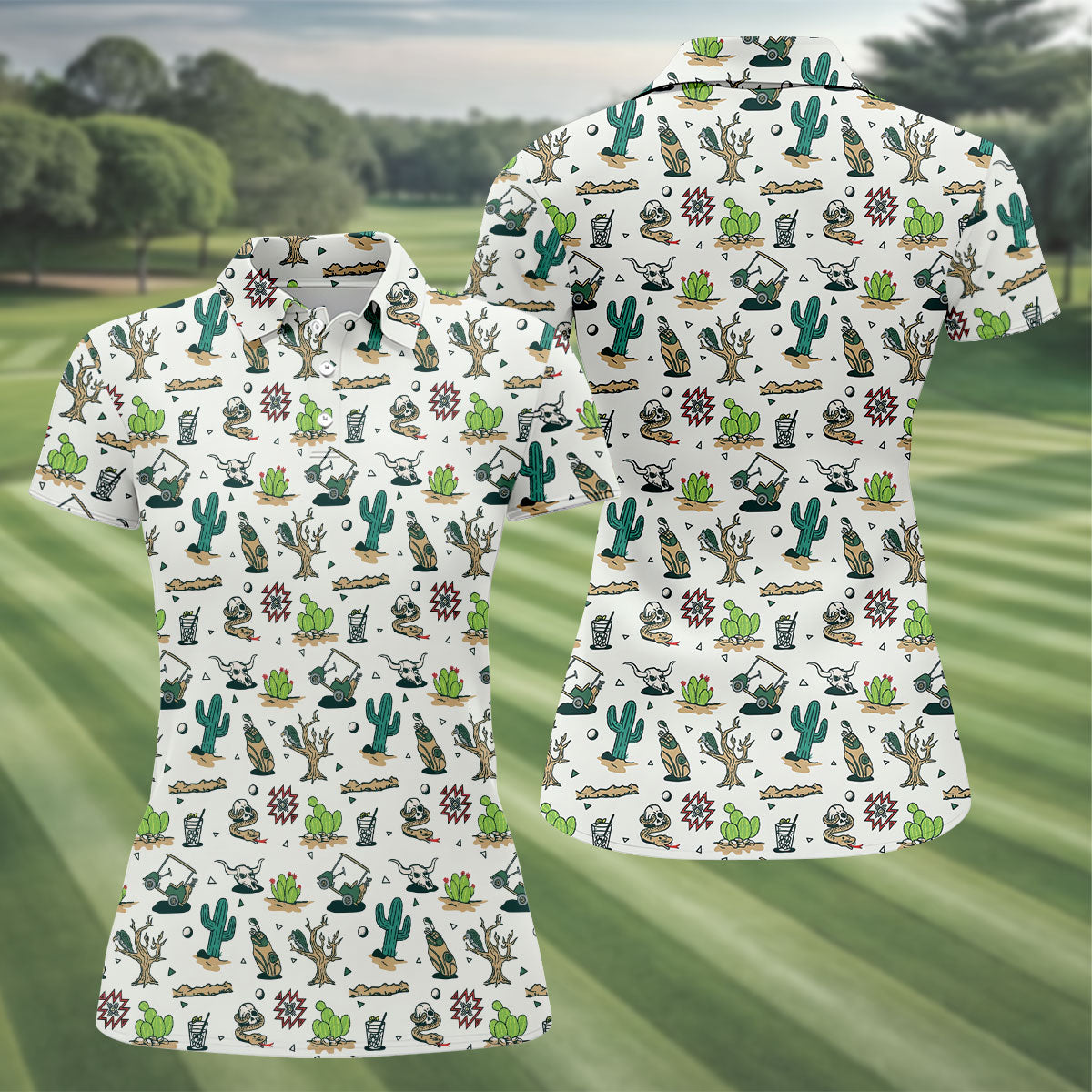 White Desert Golf Icons Pattern Golf Polo Shirt, Women's Golf Polo, Golf Polo Shirt