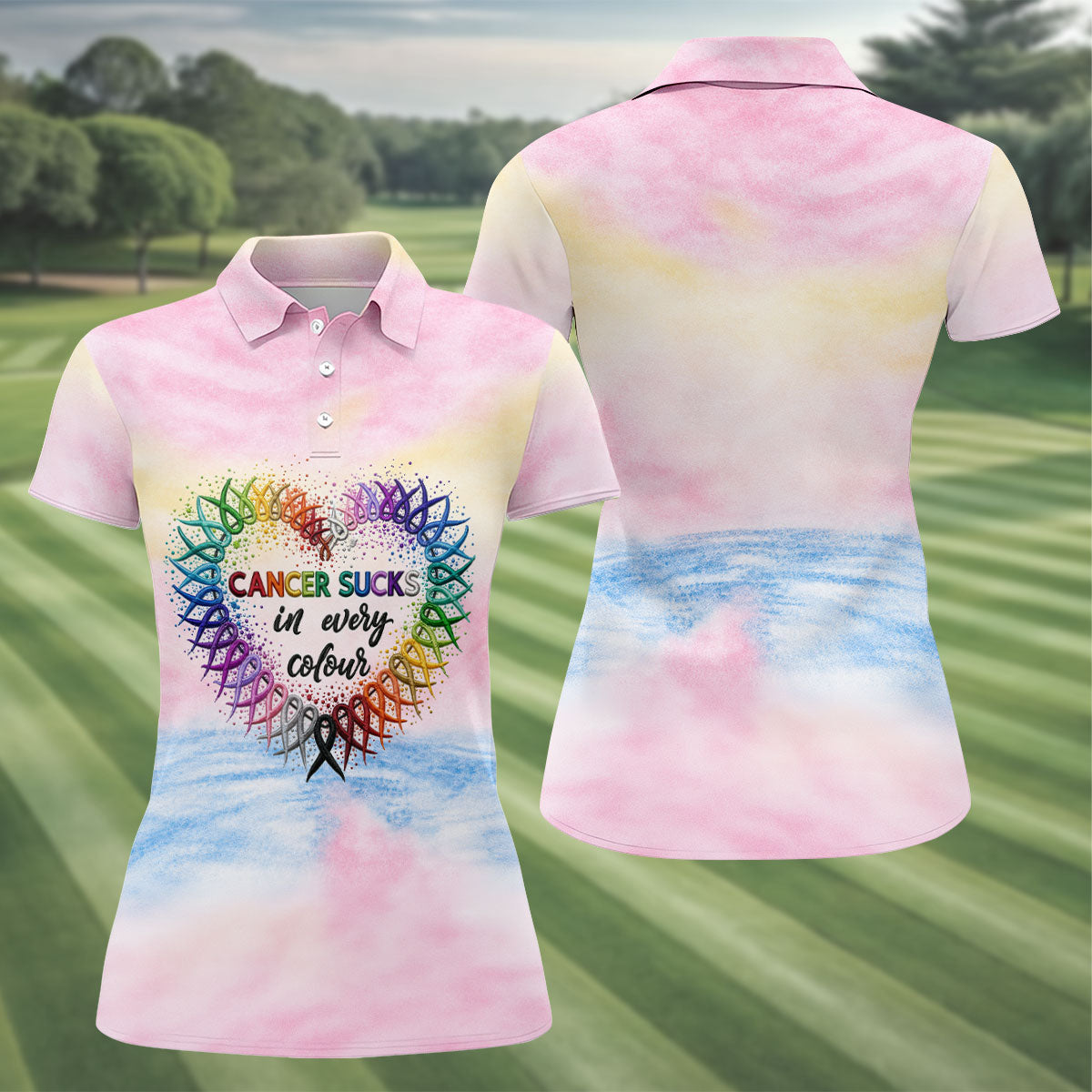 Cancer Sucks In Every Colour Ribbon Heart Polo Shirt, Ladies Golf Tops, Women’s Golf Polo
