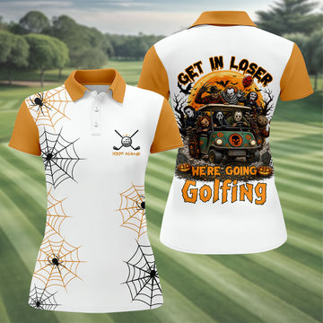Custom Get In Loser We're Going Golfing Halloween Horror Character Golf Shirt, Golf Shirts For Women