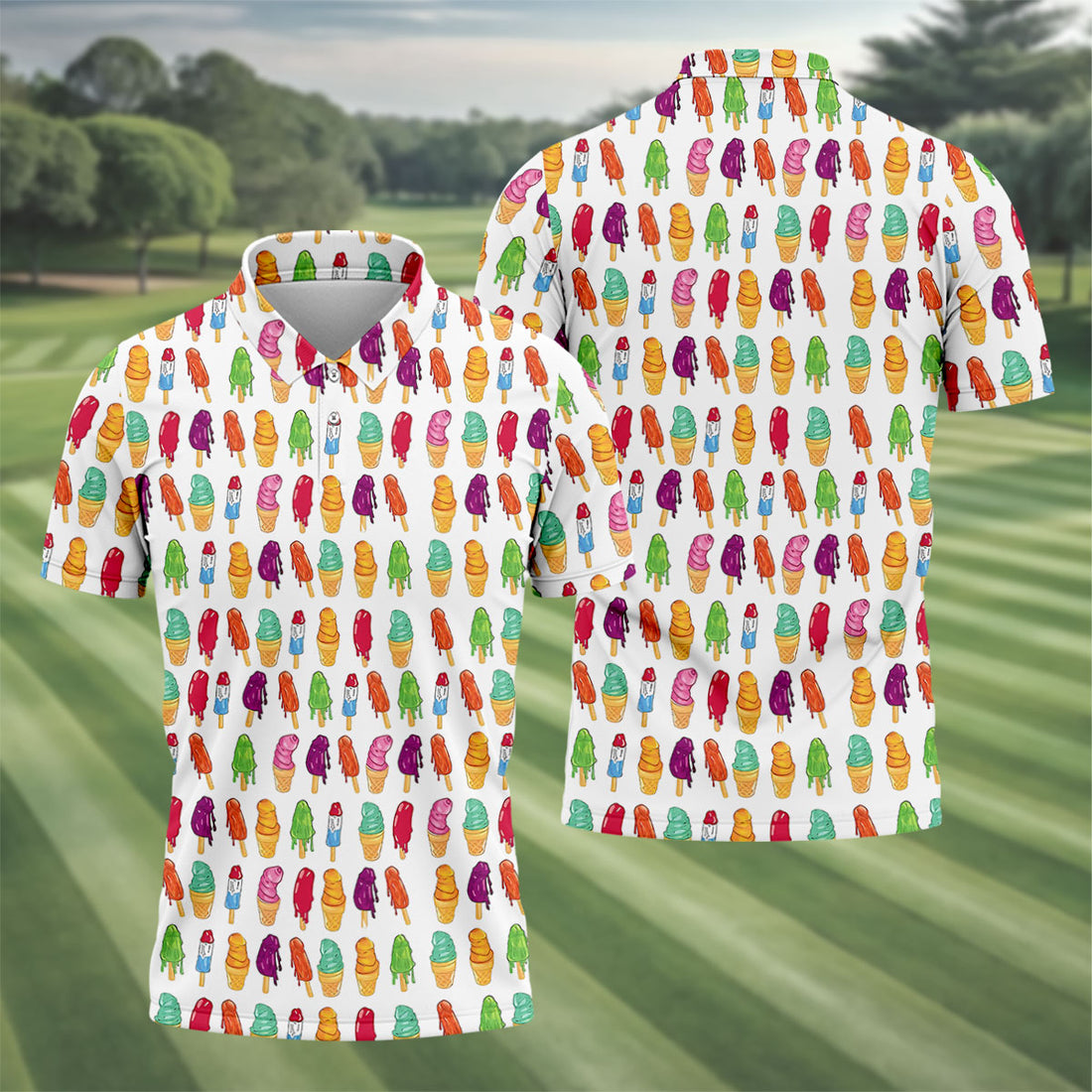 Colorful Ice Cream Pattern Golf Polo Shirt, Men's Golf Shirt, Golf Apparel For Men