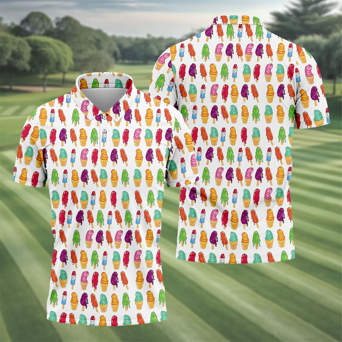 Colorful Ice Cream Pattern Golf Polo Shirt, Men's Golf Shirt, Golf Apparel For Men
