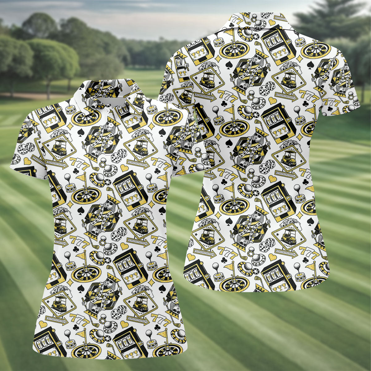 Casino Golf Pattern White Hawaiian Golf Polo Shirt, Women's Golf Tops, Golf Polo For Women