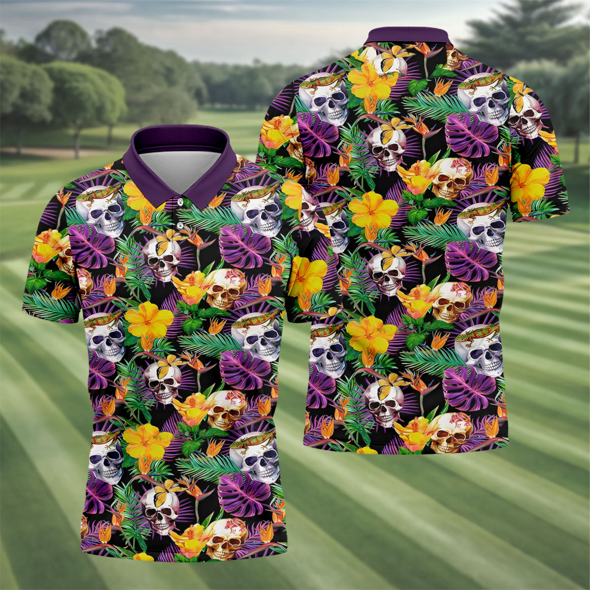 Tropical Sugar Skull Floral Golf Polo Shirt, Golf Shirts For Men, Printed Golf Shirts