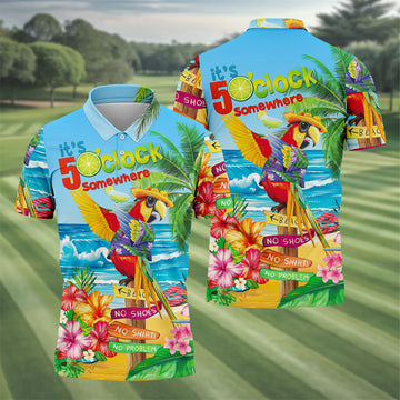 It's 5 O'Clock Somewhere Tropical Parrot Hawaiian Golf Shirt, Men's Funny Golf Shirts
