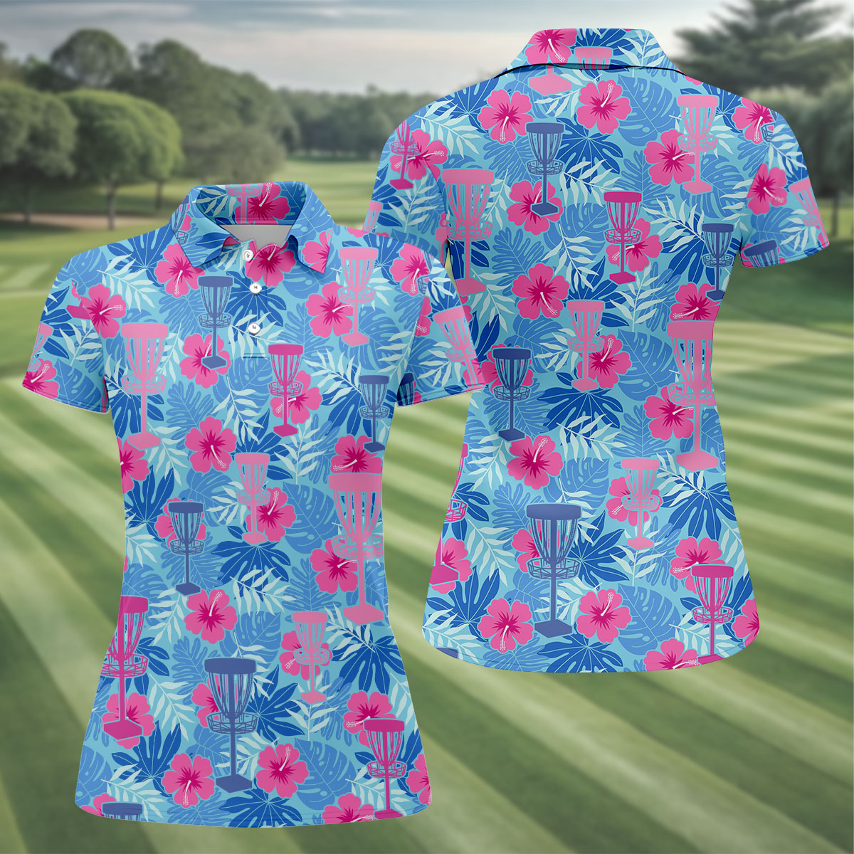 Blue Hibiscus Disc Golf Polo Shirt, Golf Tops For Women, Women’s Golf Polo
