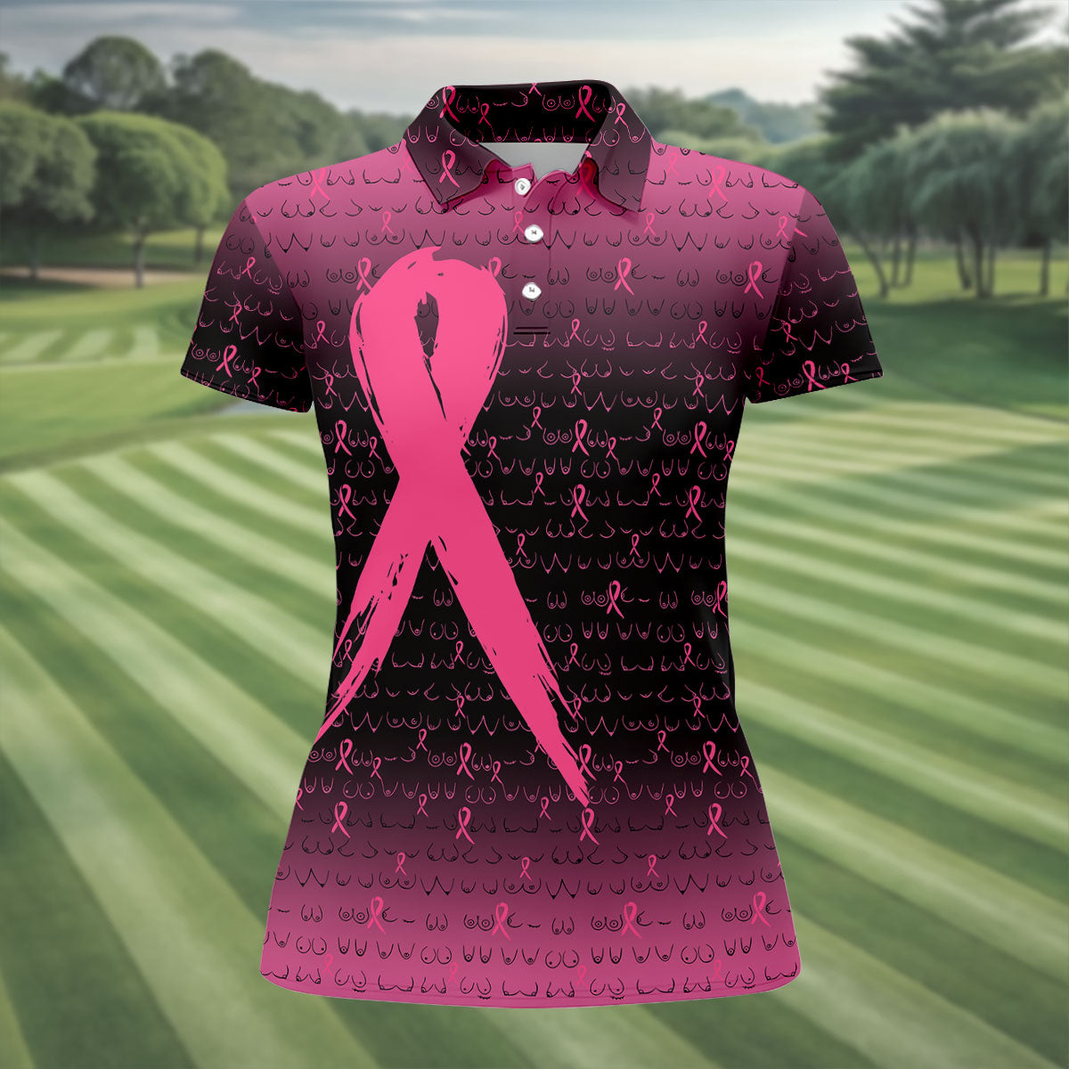 Pink Ribbon Boob Pattern Breast Cancer Polo Shirt, Ladies Golf Tops, Women’s Golf Polo