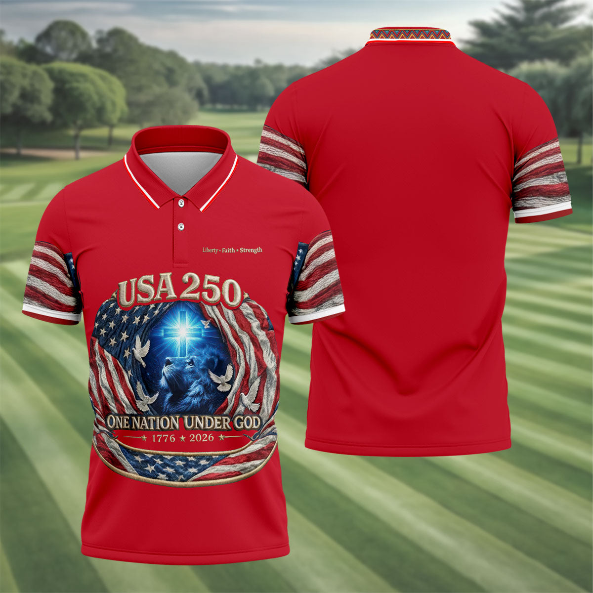 One Nation Under God Faith Cross USA 250 Red Golf Shirt, 4th Of July Golf Shirts For Men